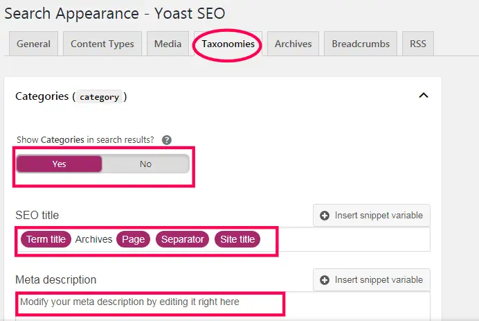 Yoast SEO Taxonomies Setup Page