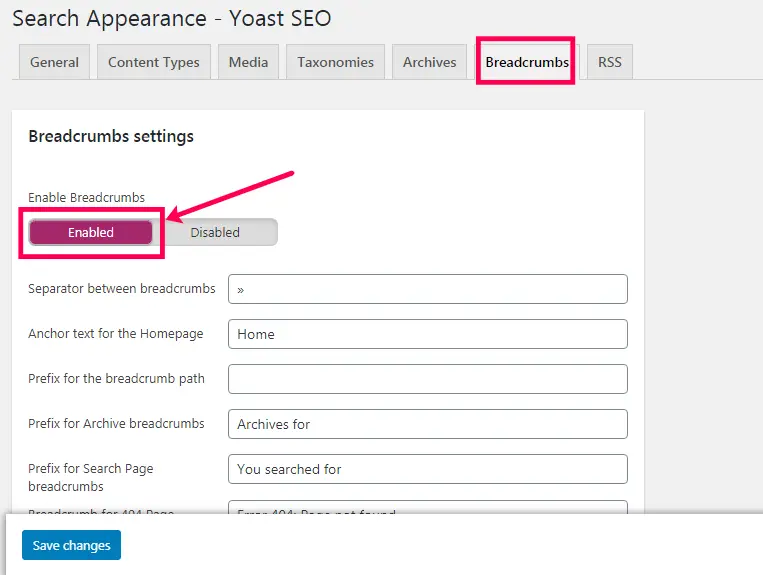 Yoast SEO Breadcrumbs Setting