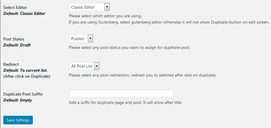 The plugin setting of creating WordPress duplicate post 